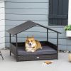 PawHut Wicker Dog Bed Outdoor, with Rattan Canopy, Elevated & Cushioned PE Rattan Dog / Cat House with Sleeping Pad, Gray