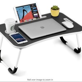 Injection moulded folding table with cup holder (Color: Black)
